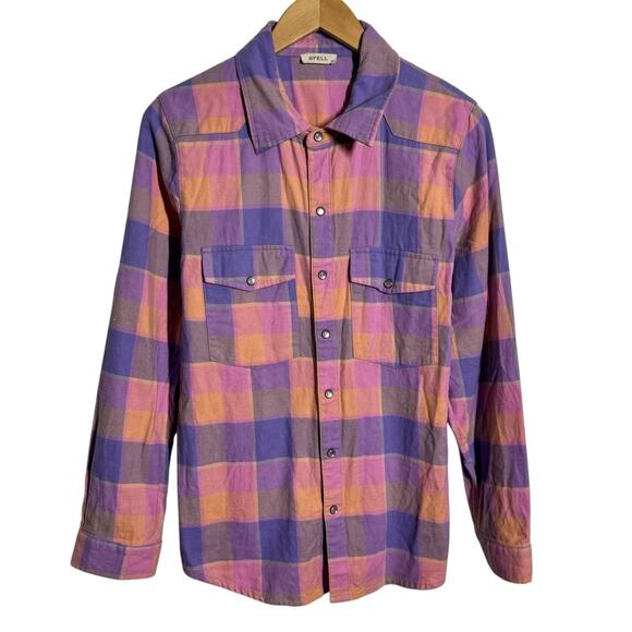 Spell And The Gypsy Flannel Top Women XL Pink Purple Western Pearl Snap Boho Top - Picture 1 of 9